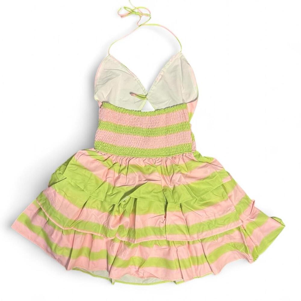 Tiered Halter Mini Dress Green Pink Striped Cutout Size M Main Strip Resort - Picture 5 of 9